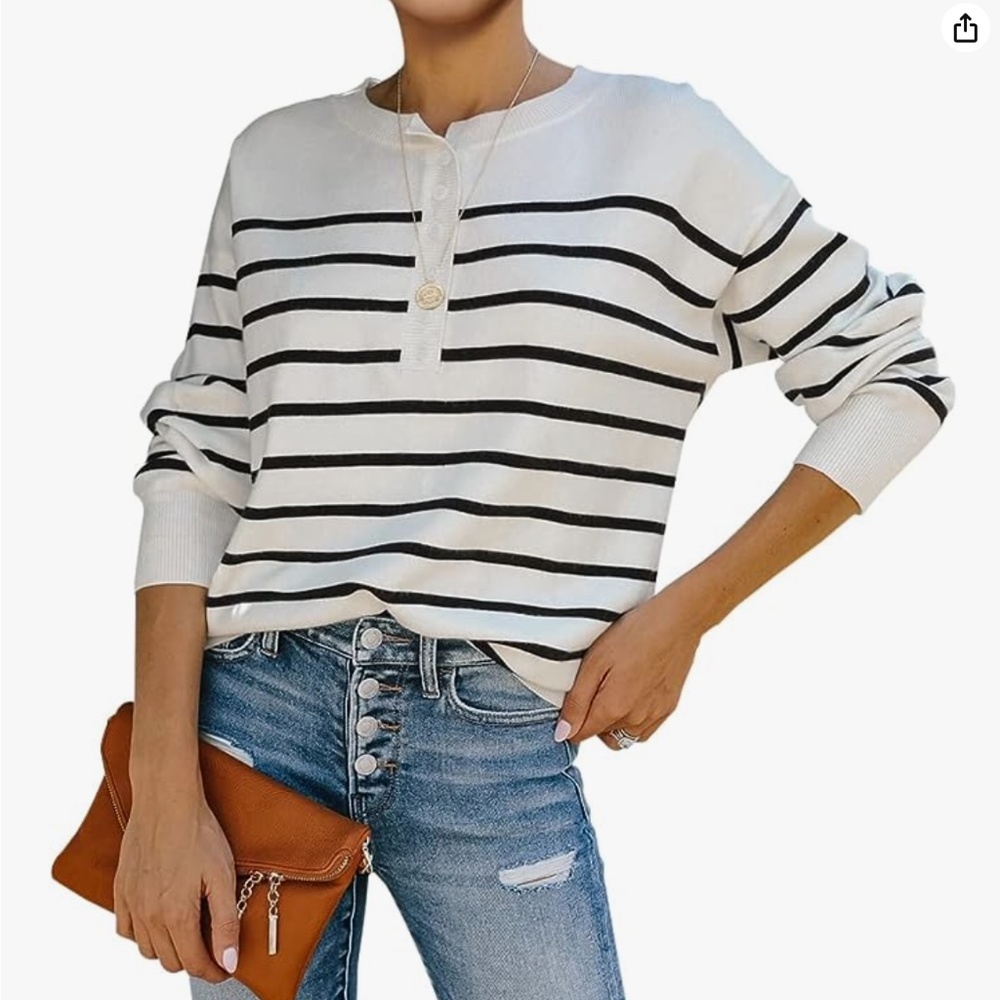 Fazortev Womens Striped Henley Sweater Soft Lightweight Long Sleeve Crew Neck, M